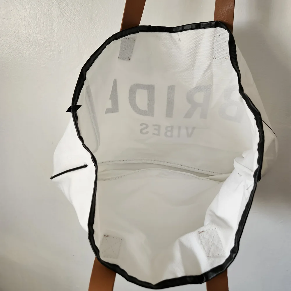 White and Brown Tote Bag with 'Bride Vibes'